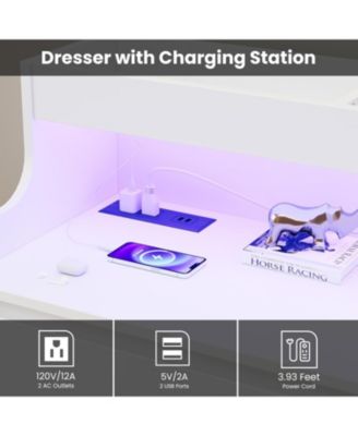 Dresser for Bedroom, 6 Drawer Dresser with LED Lights and Charging Station, Wide Chest of 6 Drawers with Open Space
