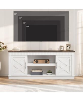 Farmhouse TV Stand for 70/75 in TVs, 65 in Long Entertainment Center w/ 2 Door &Open Storage Shelf, Rustic Fluted Television Consoles Stands