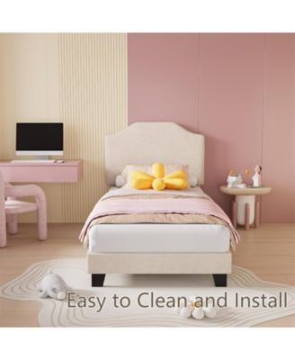 Twin Bed Frame Upholstered Platform with Headboard, Strong Frame and Wooden Slats Support