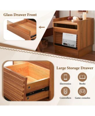 Wooden Nightstand with Charging Station and LED lights, Mid Century Modern Bedside Table with 2 Drawers for Bedroom and Living Room (Yellow)