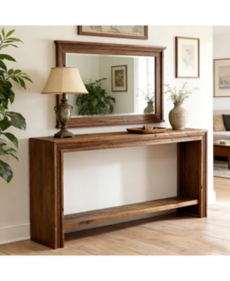 Solid Wood Console Table, Farmhouse Narrow 63" Long Entryway Table with 2-Tier Storage Shelf for Living Room, Hallway, Entryway