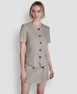 Women's Windowpane Short-Sleeve Crew Neck Structured Top