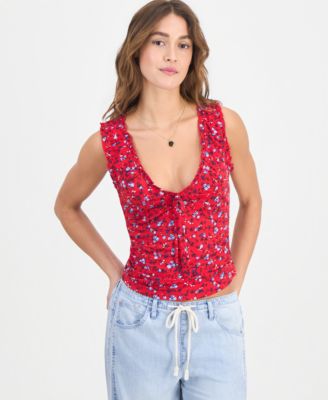 Juniors' Printed Ruched Sleeveless Top