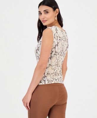 Petite Printed Sleeveless Ruched Mesh Top