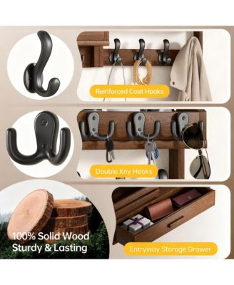 Solid Wood 6-in-1 Wall Organizer with 12 Hooks, Drawer & Shelf for Entryways