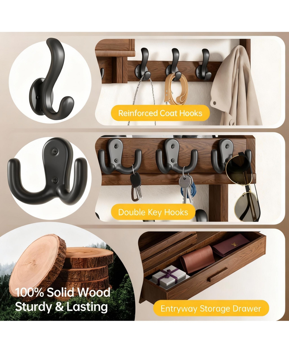 Yigii Solid Wood 6-in-1 Wall Organizer with 12 Hooks, Drawer & Shelf for Entryways