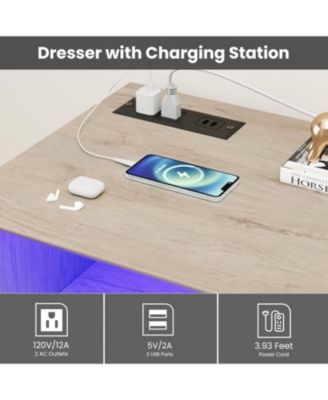 6 Drawer Dresser for Bedroom with LED Lights & Charging Station, Modern Oak Dresser with LED for Bedroom