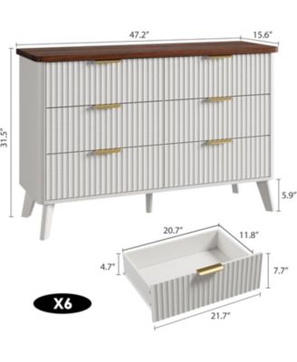 Fluted Dresser for Bedroom with 6 Deep Drawers, 47.2" Wide Modern Chest of Drawers, Wooden Dresser TV Stand, Curved Profile Design