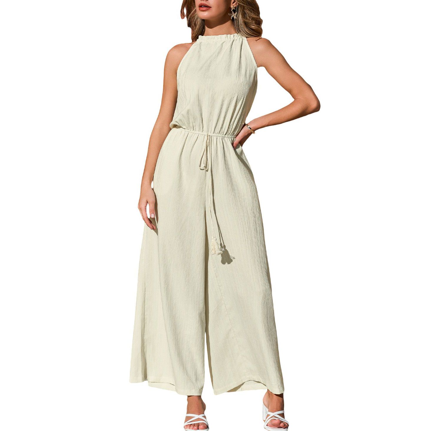 Женский комбинезон Cupshe Halter Wide-Leg Drawstring Jumpsuit, цвет: Бежевый / Хаки — фото 1