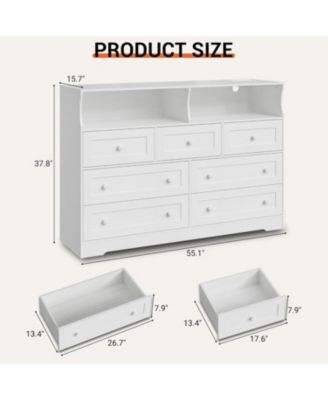 7 Drawer Wooden Dresser with LED Lights, Charging Station & 2 Open Compartments, Freestanding Bedroom Storage Organizer