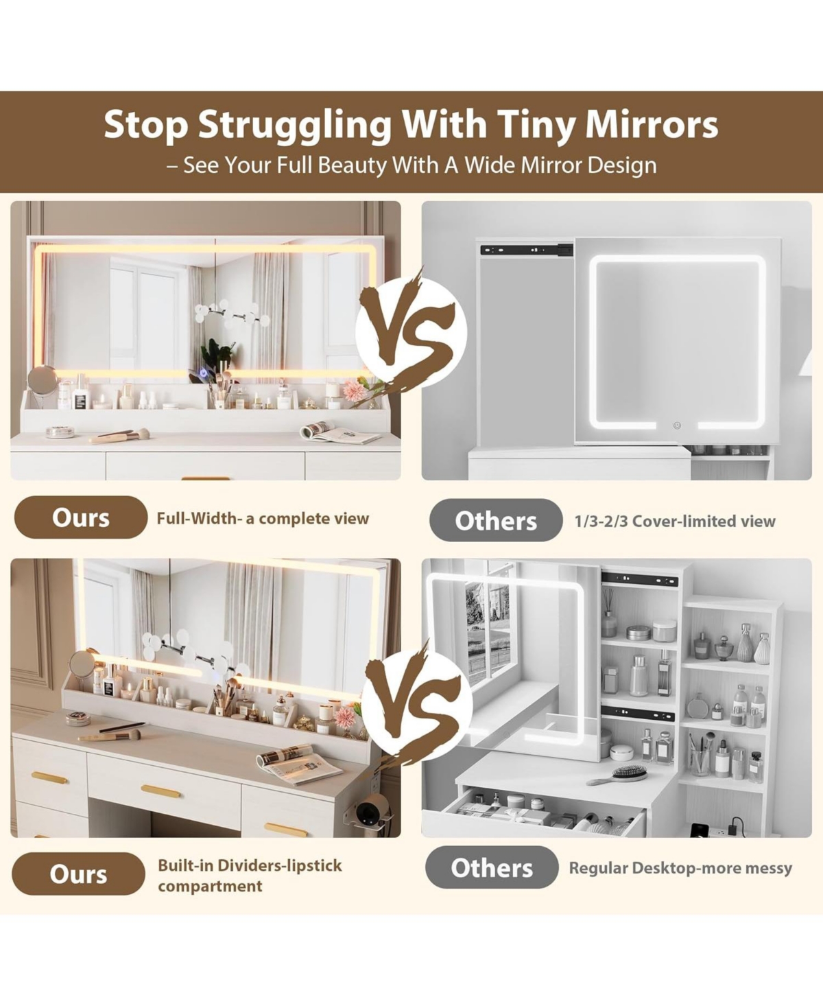 Gaomon 45.9" Wall-Mounted Vanity Desk with 8 Drawers & Lighted Mirror