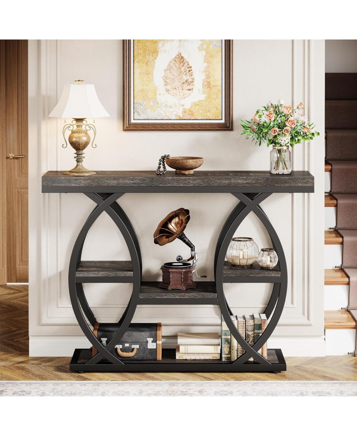 Tribesigns 39.4" Console Table, Industrial 4-Tier Sofa Table Entryway with Storage Shelves, Narrow Wood Accent Tables Metal Frame for Small