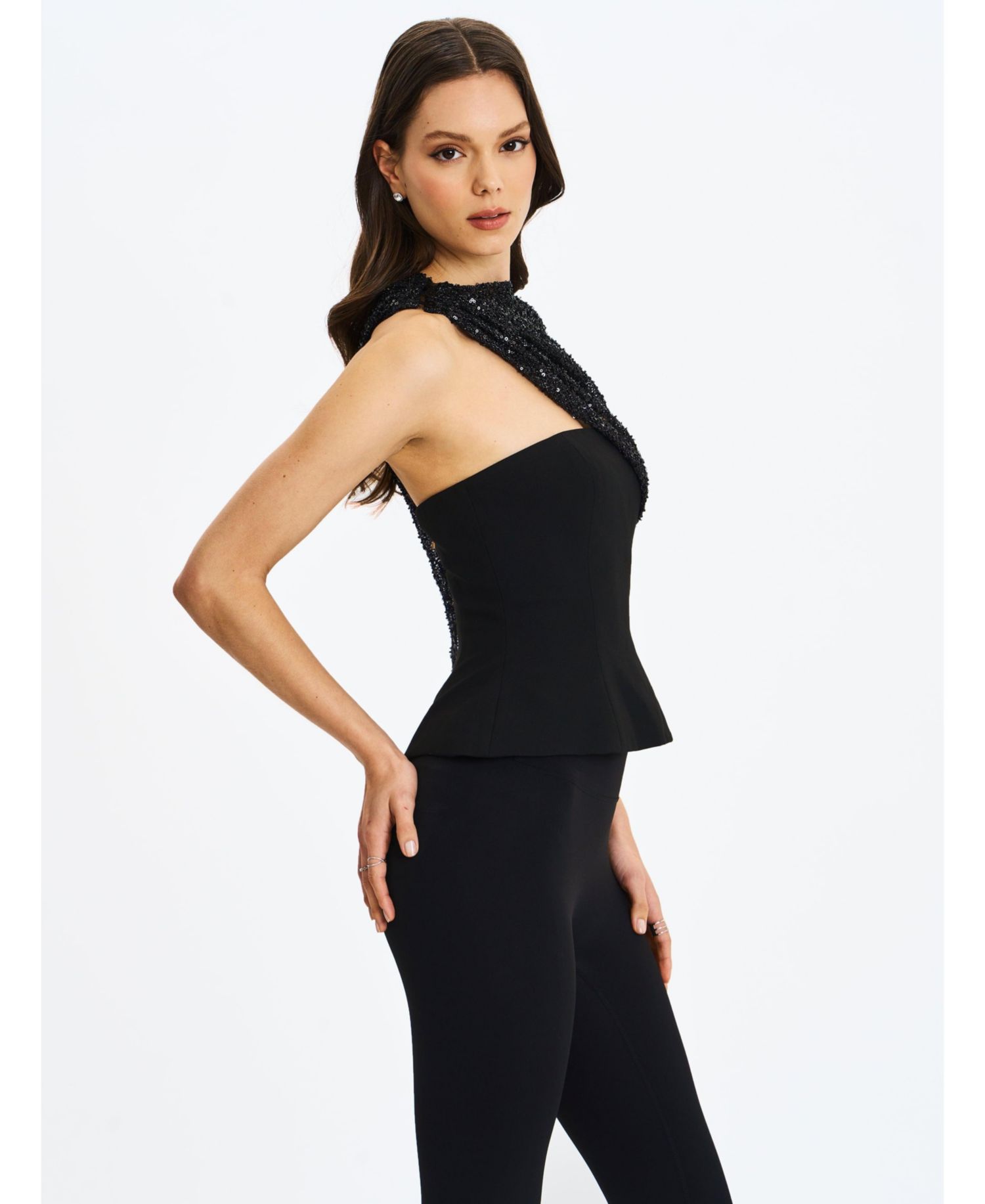 Women's Quinette Peplum Top with Beaded Asymmetrical Cape