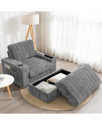 Faux Rabbit Fur Sofa with Storage Ottoman and Armrests,Cup Holders,Upholstered Sleeper Chair,Chaise Lounge,Reading