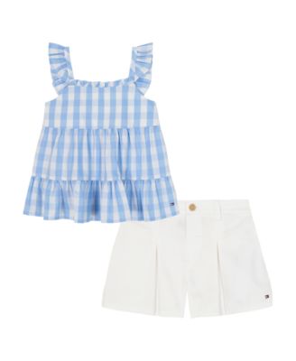 Girls' Toddler 2T-4T Gingham Flutter Sleeve Tunic & Twill Shorts, 2-Piece Set