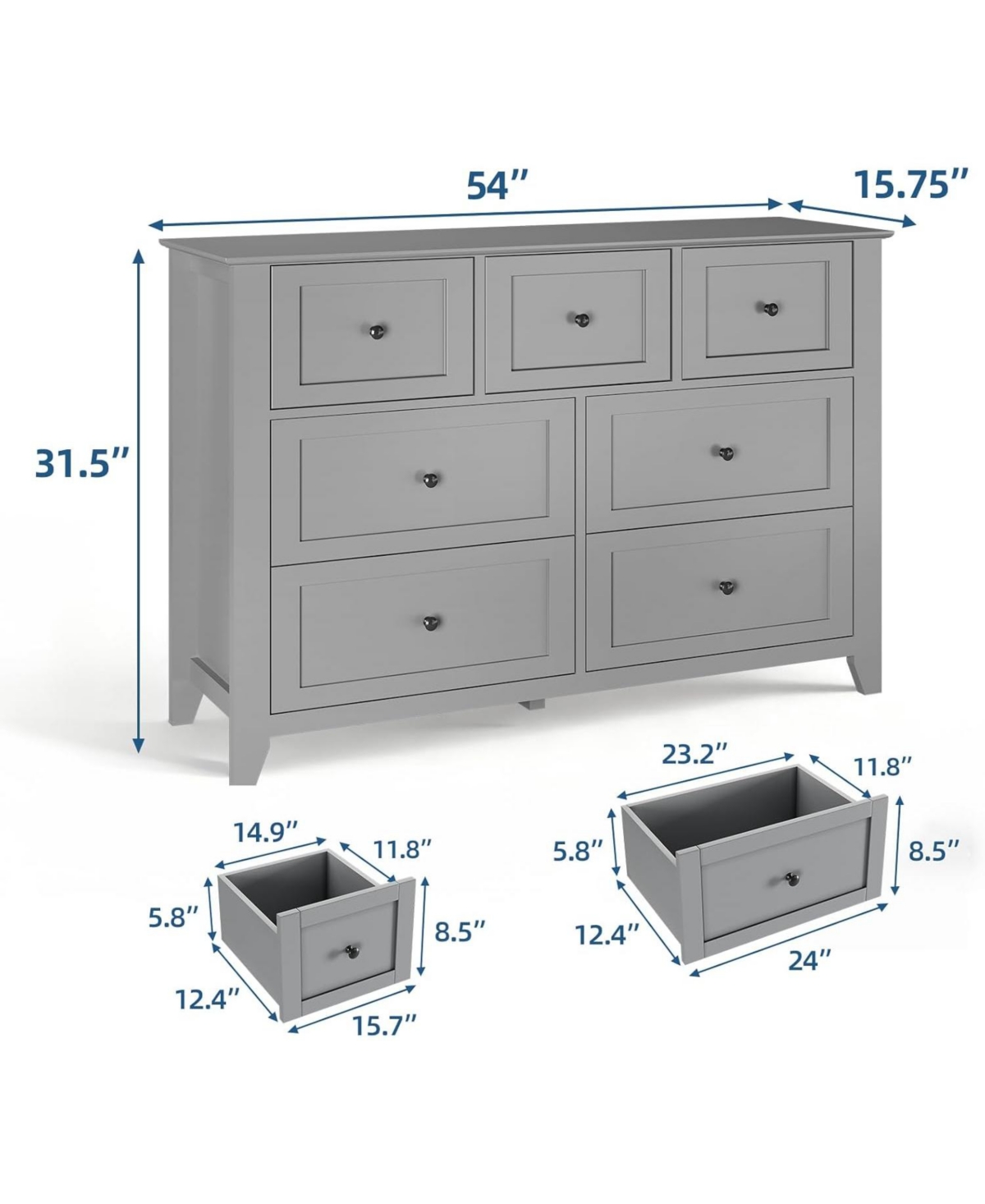 gaomon 7 Drawer Dresser for Bedroom Deep Drawers, Metal Knobs 54" Wide Modern Wooden Chest