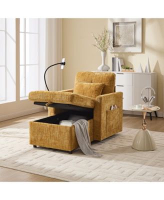 Multifunctional Chenille Sofa with Storage & Cell Phone Bracket, Single Sleeper Chair, Chaise Lounge Chair