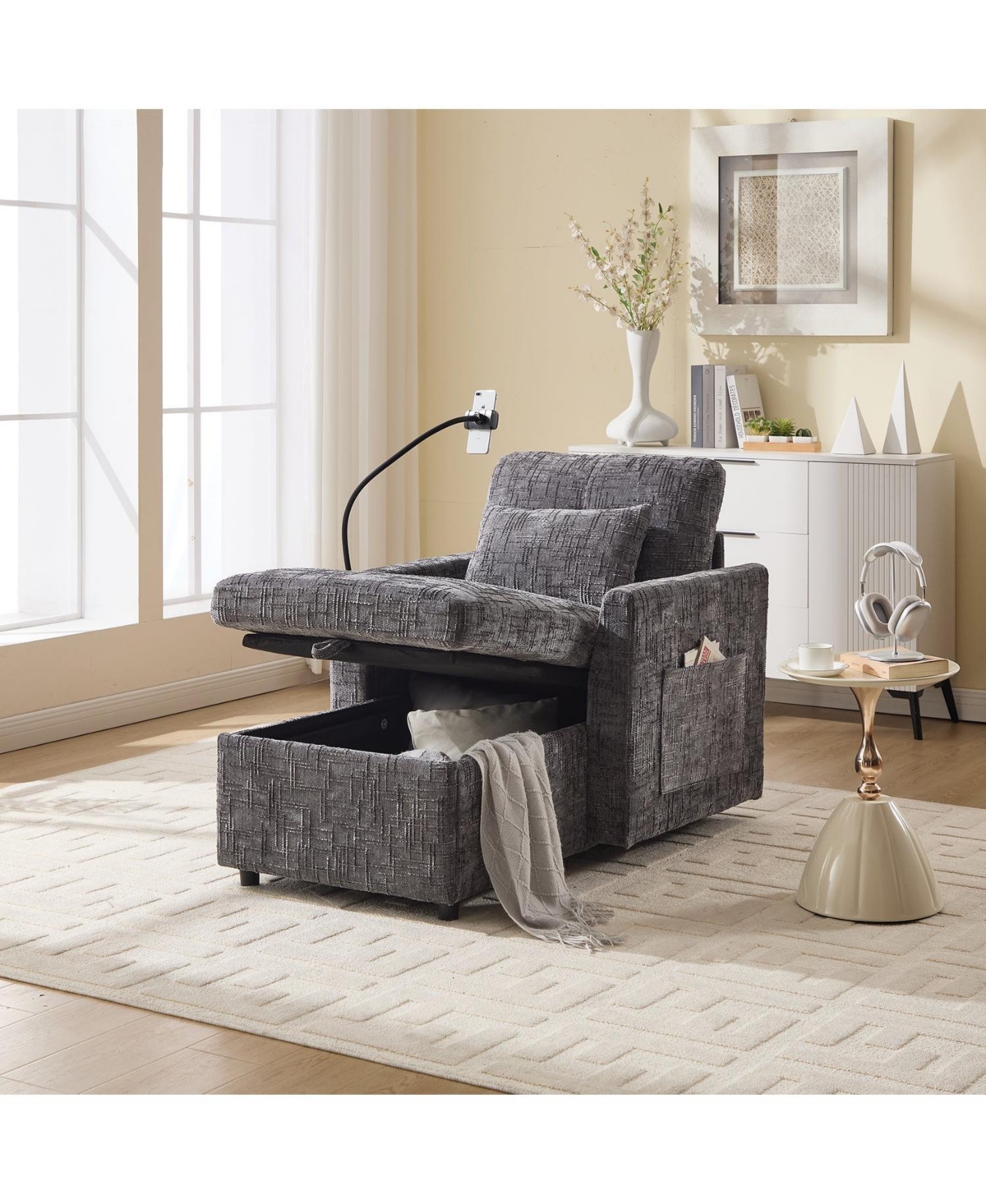 Boyel Living Multifunctional Chenille Sofa with Storage & Cell Phone Bracket, Single Sleeper Chair, Chaise Lounge Chair