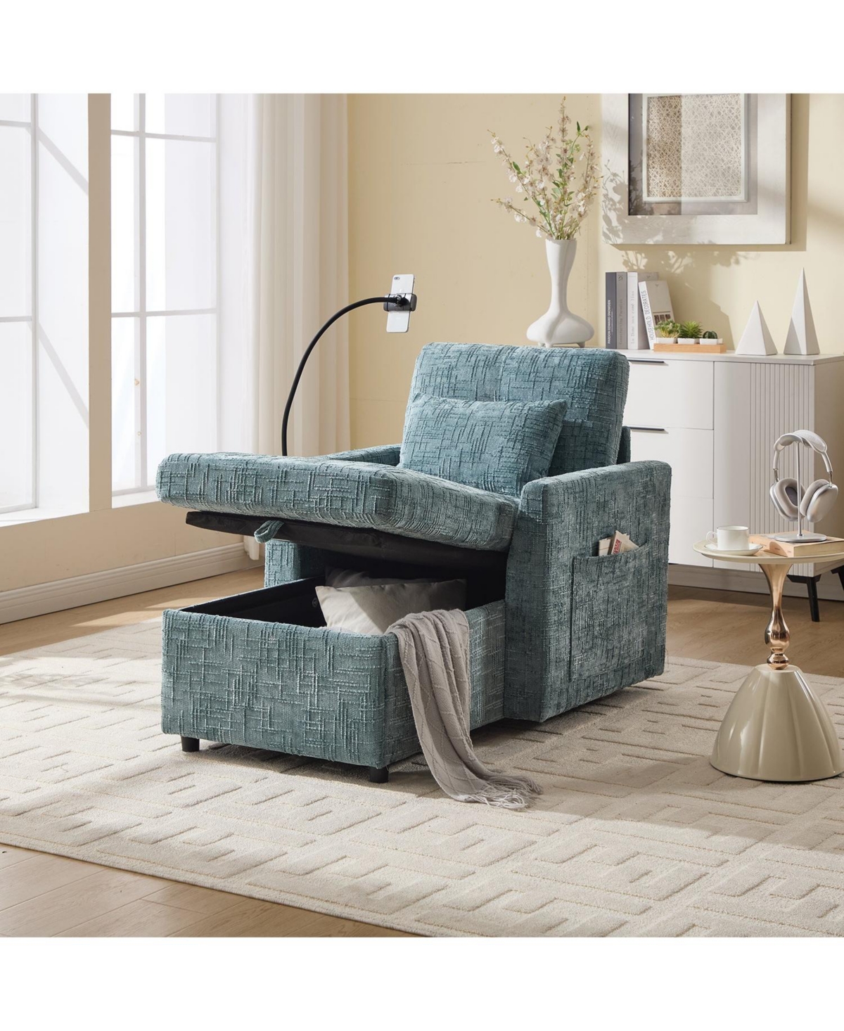 Boyel Living Multifunctional Chenille Sofa with Storage & Cell Phone Bracket, Single Sleeper Chair, Chaise Lounge Chair