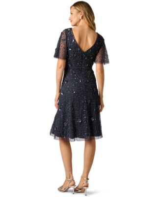 Women's Bead Mesh Flutter V-Neck Midi Dress