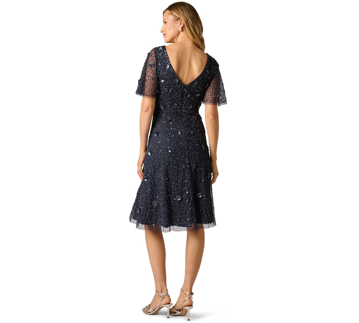 Adrianna Papell Women's Bead Mesh Flutter V-Neck Midi Dress