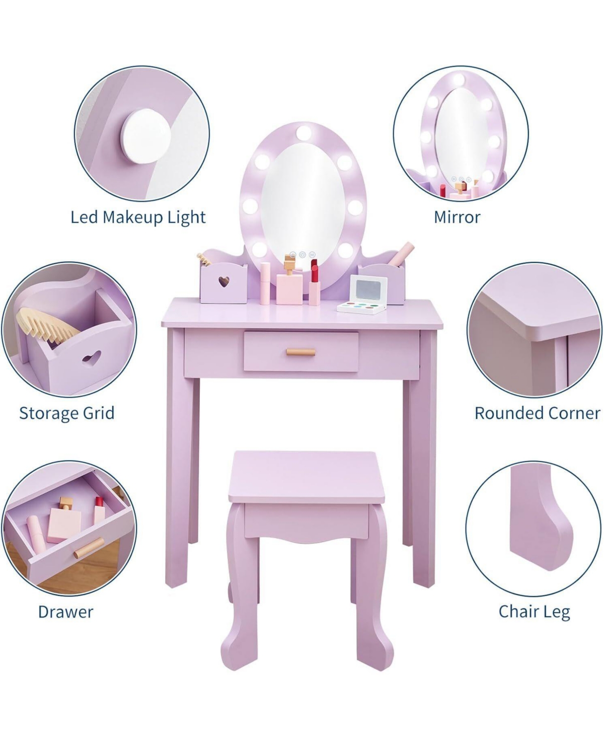 Gaomon Toddler Lighted Vanity & Stool Set, Perfect Gift Makeup Pretend Play Table