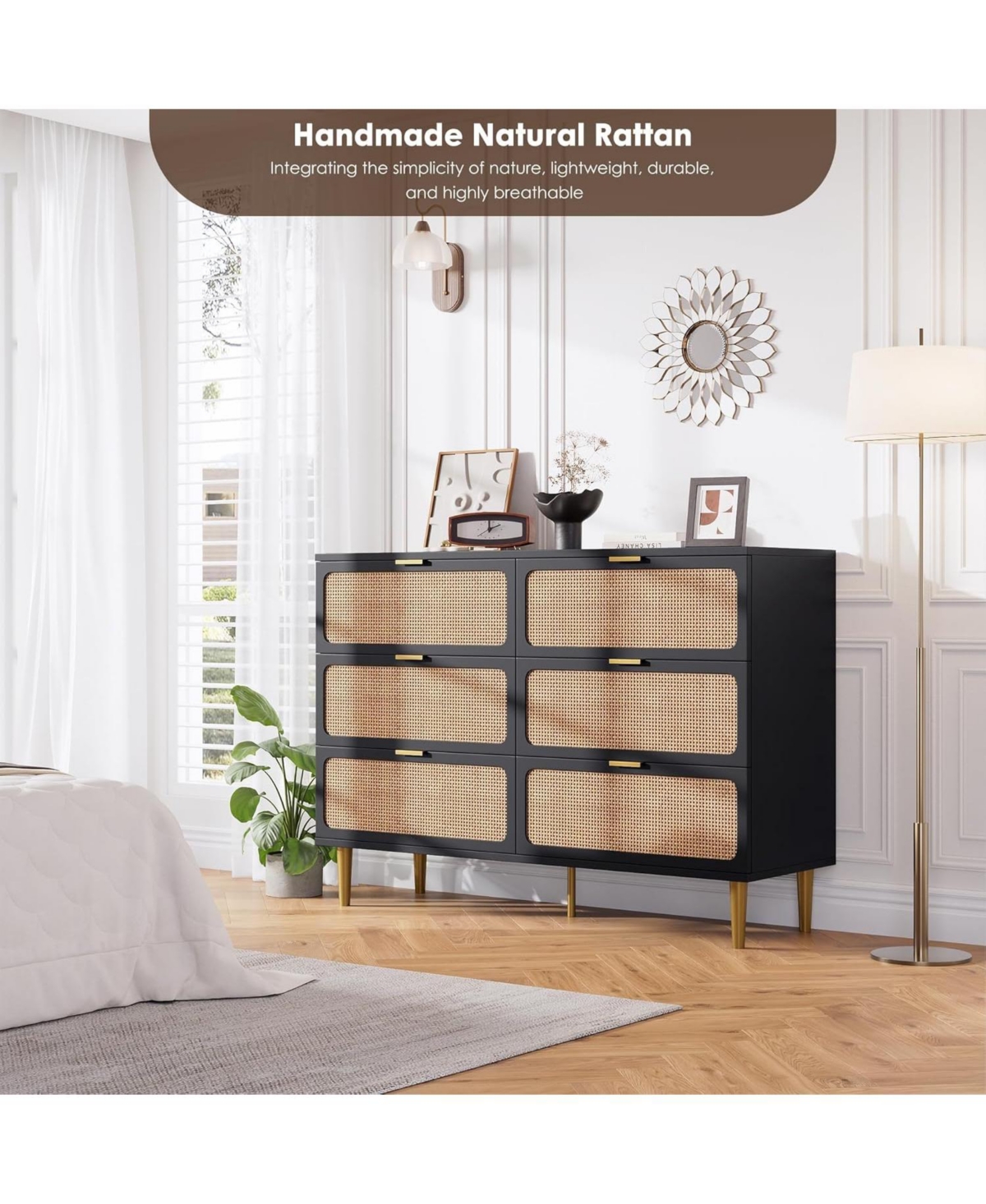 gaomon Rattan Dresser with 6 Drawers, Tall Modern Closet with Deep Storage, Long Wooden Dresser for Bedroom