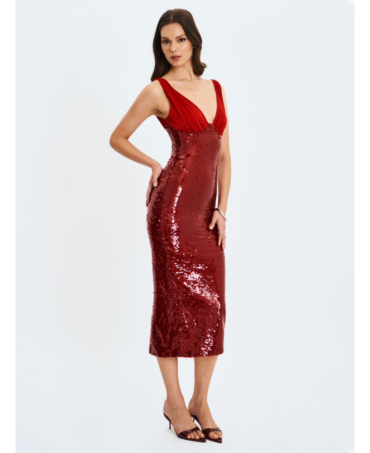 Miss Circle Women's Shanelle Crimson Sequin Plunging Midi Dress
