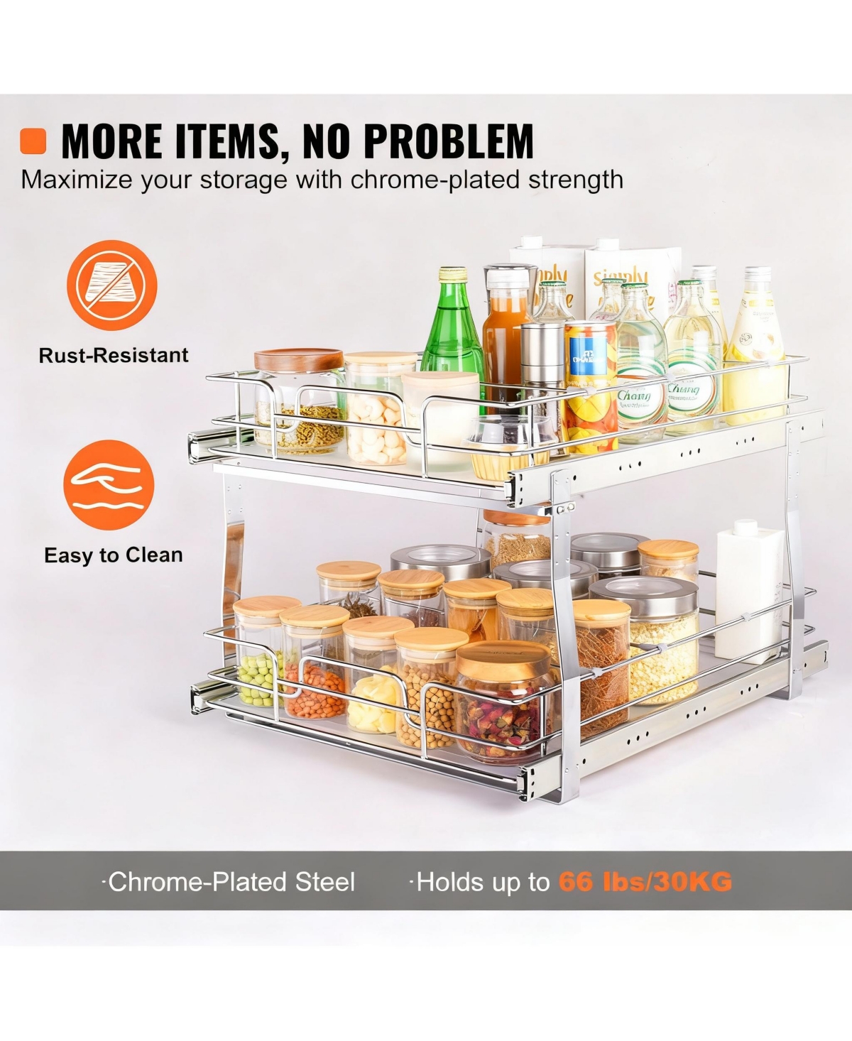 Yigii 2-Tier Pull Out Cabinet Organizer, Heavy Duty Steel, Smooth Sliding, Easy Install, Kitchen and Bathroom