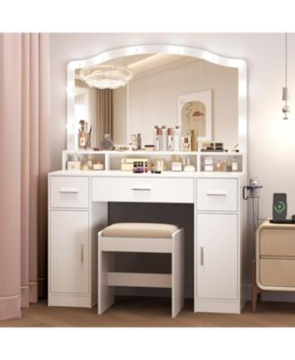 Vanity Desk with Mirror & 10 LED Lights, 3 Drawers, 2 Cabinets, Shelf, Storage Stool & Power Outlet