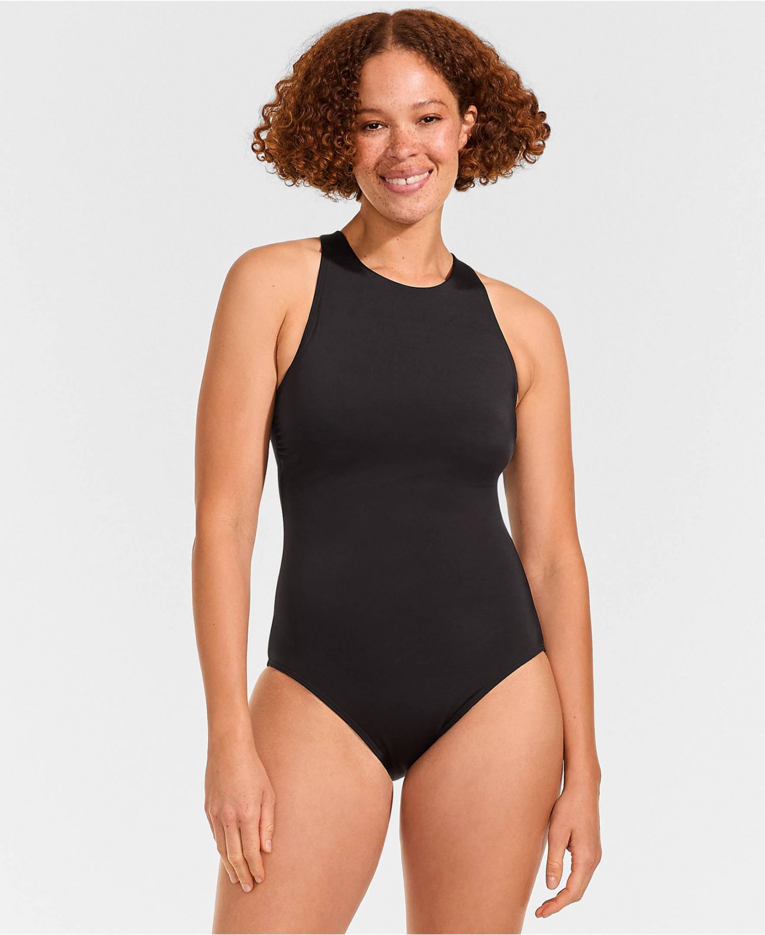 Petite Tugless High Neck Portrait Back One Piece Swimsuit