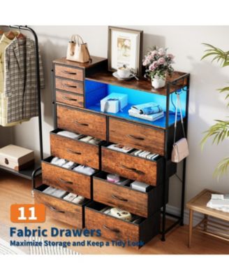 11 Drawer Dresser with Fabric Drawers Storage Cabinet with Shelves Side Pockets Hooks Charging Station