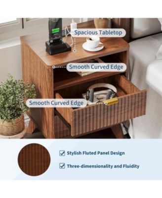 19.7" Fluted Nightstand with Charging Station Set of 2, Solid Wood Nightstands with 2 Drawers and Open Shelf