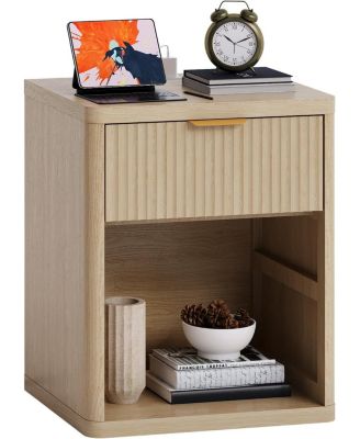 1 Pcs Fluted Nightstand,Mid Century Bedside Table,Wooden End Table,Farmhouse Night Stand with 1 Drawer,Open Shelf