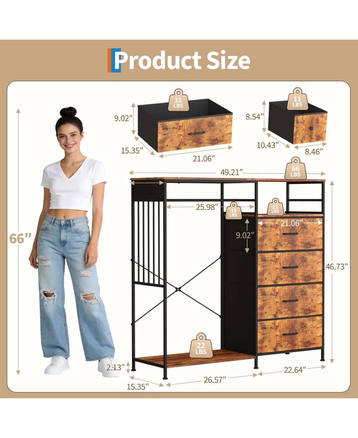 gaomon 49.2" w Dresser with Hanging Rack & Led Lights, 6-Drawer Closet Organizer with Charging Station, Tall Storage Tower for Bedroom