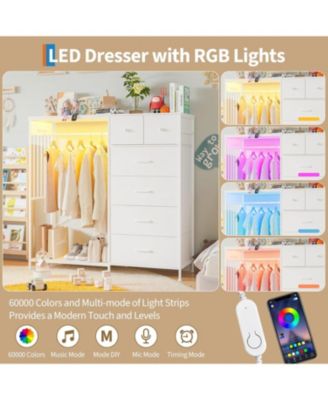 49.2" w Dresser with Hanging Rack & LED Lights, 6-Drawer Closet Organizer with Charging Station, Tall Storage Tower for Bedroom
