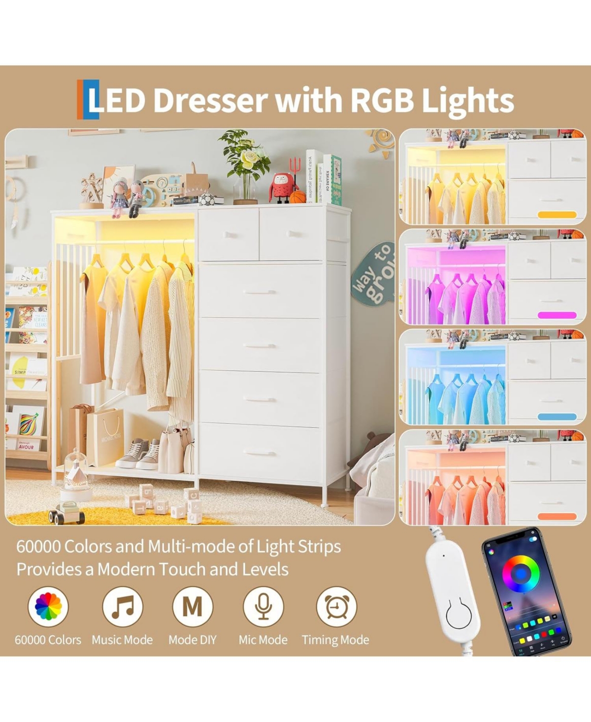 gaomon 49.2" w Dresser with Hanging Rack & Led Lights, 6-Drawer Closet Organizer with Charging Station