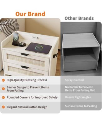 Set of 2 Boho Rattan Nightstands, Each Equipped with a Modern Type-c Charging Station and 2 Large Storage Drawers