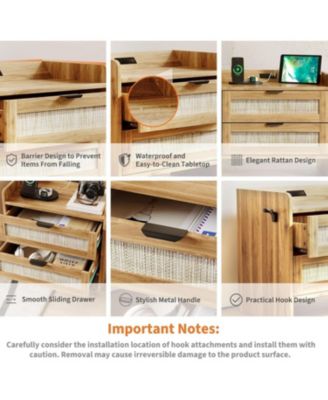 Boho Rattan Bedside Table with Type-C Charging Station, Nightstand with 2 Drawer Storage