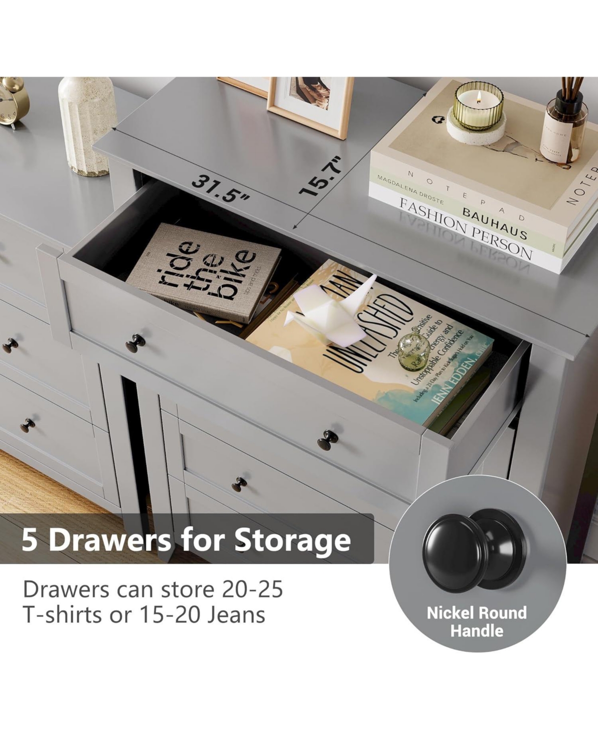 gaomon 5 Drawers Dresser for Bedroom, Farmhouse Tall Wood Chest of Drawers for Clothes, with Gold Handles & Deep Drawers