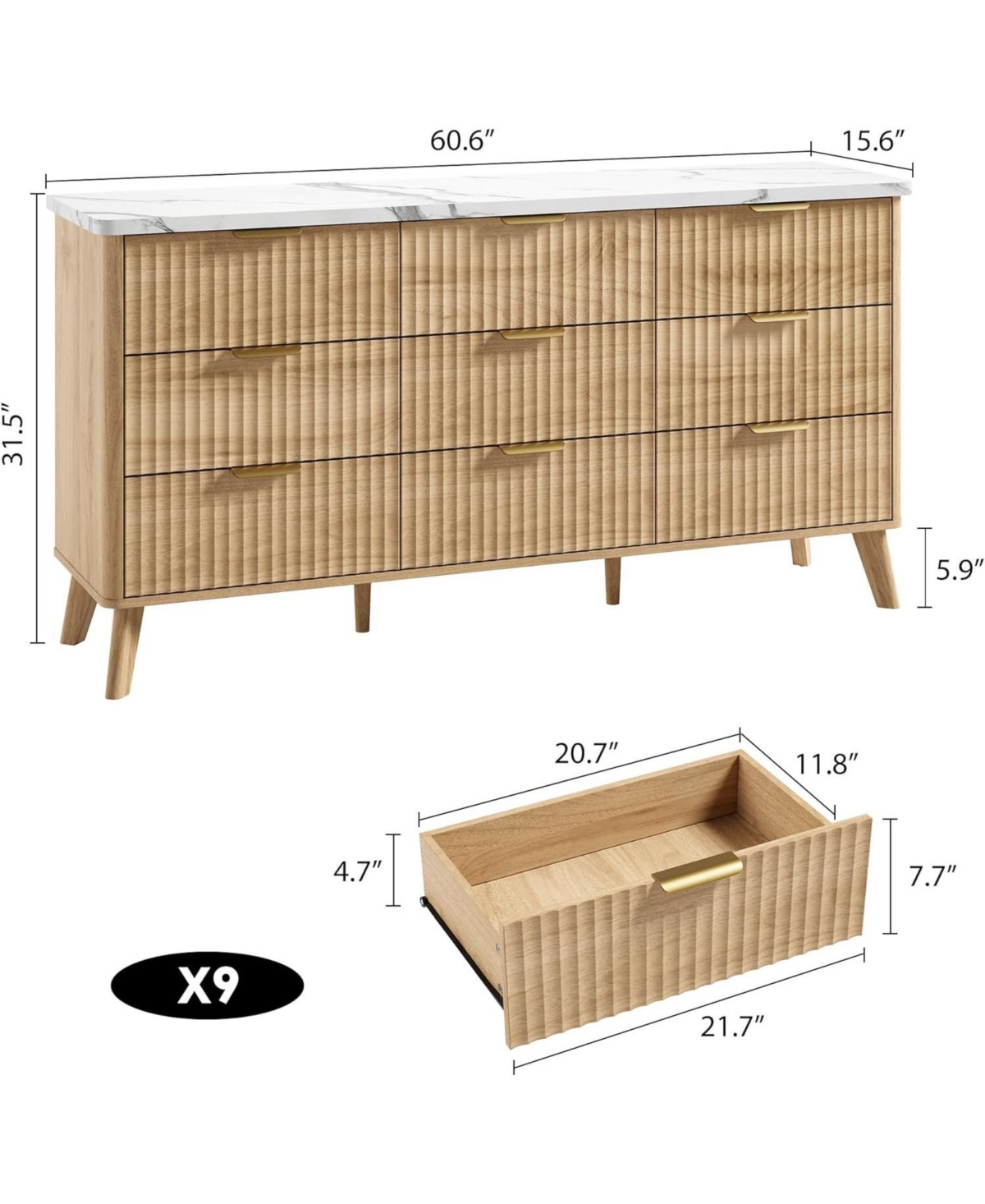 gaomon Fluted Dresser for Bedroom with 9 Deep Drawers, 60.6" Wide Modern Chest of Drawer with Faux Marble Top, Wooden Dresser Tv Stand