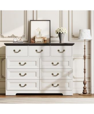 9 Drawer Dresser for Bedroom 47 in Wide Dressers Wood Vintage Chest of Drawers with Natural Texture and Vintage Gold Floral Handles, Farmhouse