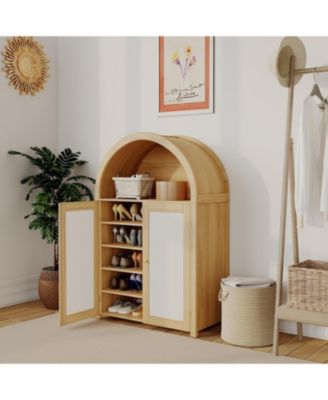 47.8" Farmhouse Arched Shoe Cabinet with Rattan Doors, 5-Tier Shoe Rack with Adjustable Shelves, Storage Cabinet Organizer for Entryway