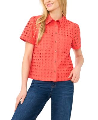 Women's Short Sleeve Eyelet Button-Down Top