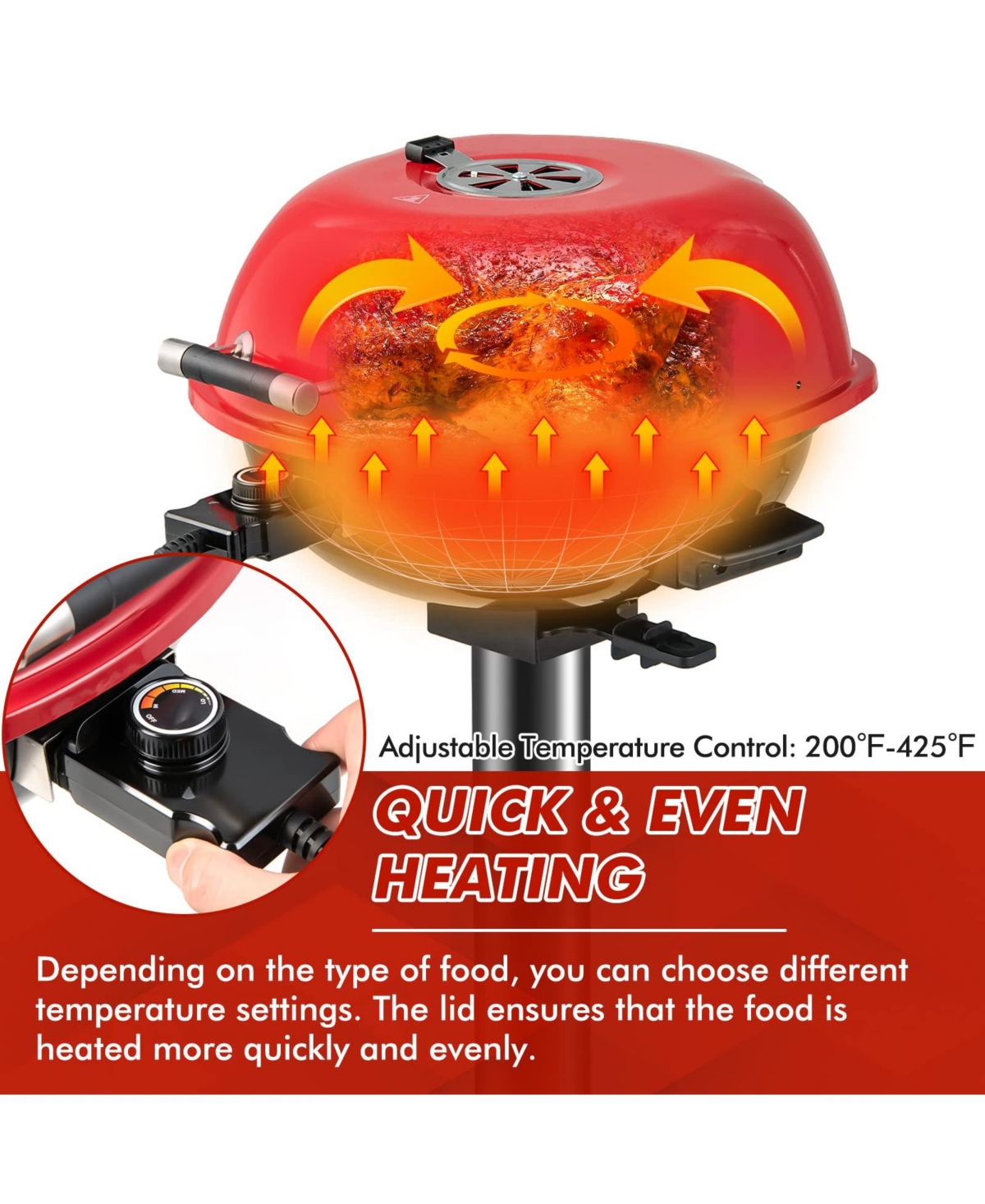 Ecooso 1600W Electric Bbq Grill with Removable Non-Stick Warming Rack-Red