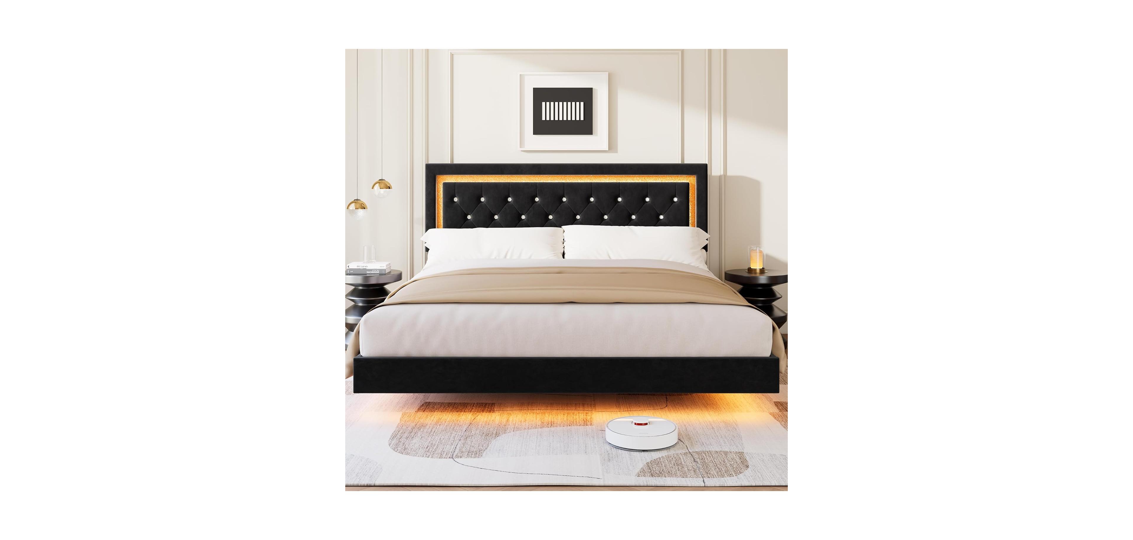 gaomon Floating Platform Bed Frame with Smart Led Lights, Upholstered Diamond Headboard, Wood Slat Support