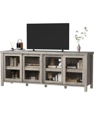 Mid Century Modern TV Stand for 65 Inch TV, 4 Sliding Glass Doors Storage Cabinets Entertainment Center