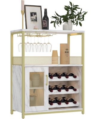 3-Tier Wine Bar Cabinet with LED Lights, Detachable Wine Rack, Glass Holder, and Mesh Door for Kitchen, Living Room, Bar.