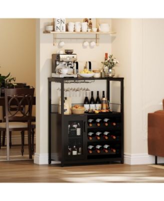 3-Tier Wine Bar Cabinet with LED Lights, Detachable Wine Rack, Glass Holder, and Mesh Door for Kitchen, Living Room, Bar.