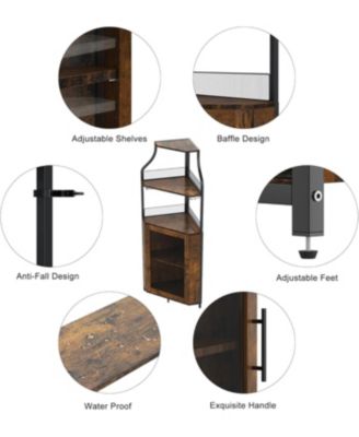 Brown Wooden Farmhouse Wine Bar Corner Cabinet with Detachable Rack, Mesh Door, Glass Rack, and Storage